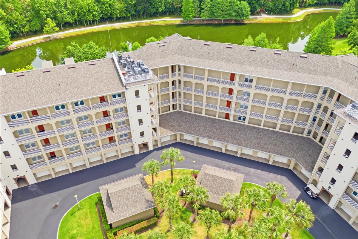 Aerial view of the courtyard wing with pond just behind the building